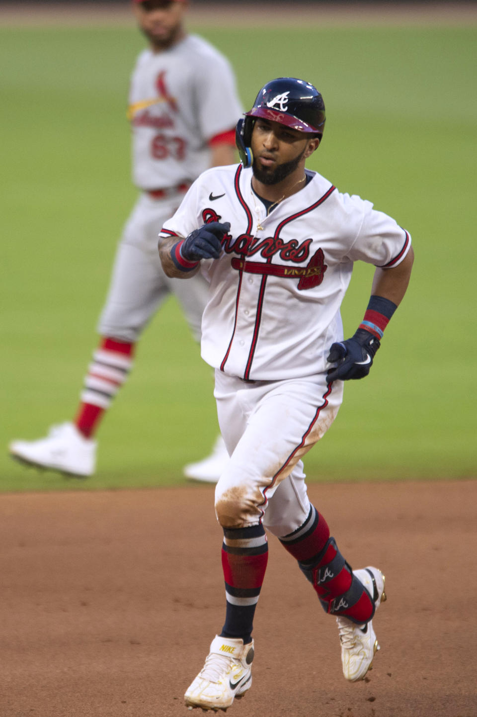 Atlanta Braves' Eddie Rosario runs the bases after hitting a home run in the fifth inning of the team's baseball game against the St. Louis Cardinals on Wednesday, July 6, 2022, in Atlanta. (AP Photo/Edward M. Pio Roda)