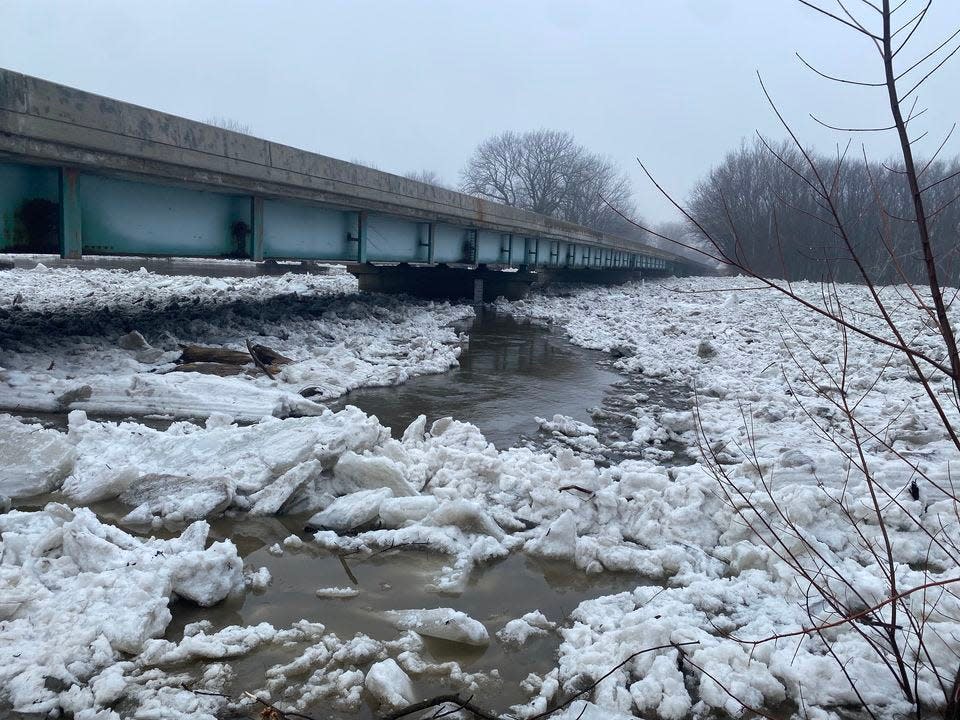 An ice jam along the Sangamon River in Menard County causes water levels to rise Friday, January 26, 2024. Flooding has been reported in low-lying agricultural areas.