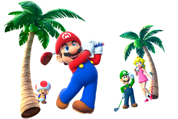 Mario golfing among palm trees with Luigi, Peach, and Toad.