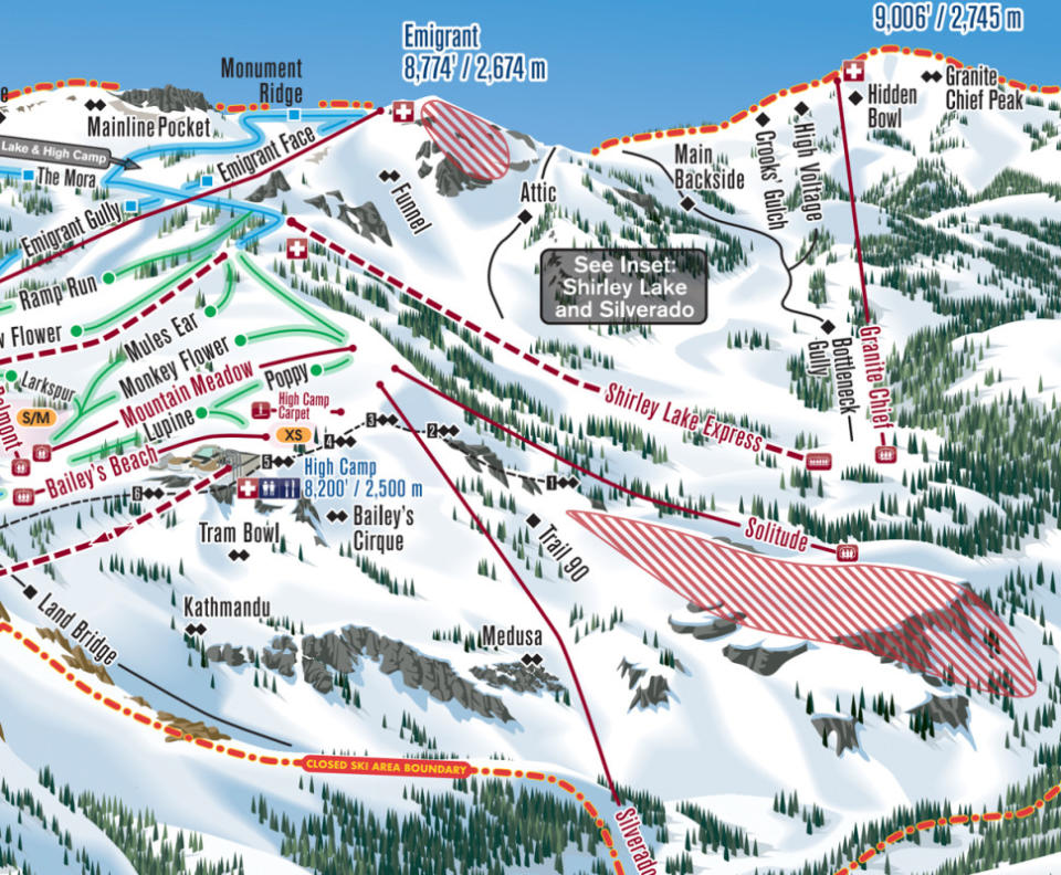 Shirley Lake Express is middle right on this zoomed-in map. Courtesy of <a href="https://www.palisadestahoe.com/mountain-information/trail-maps" rel="nofollow noopener" target="_blank" data-ylk="slk:Palisades Tahoe.;elm:context_link;itc:0;sec:content-canvas" class="link ">Palisades Tahoe. </a>