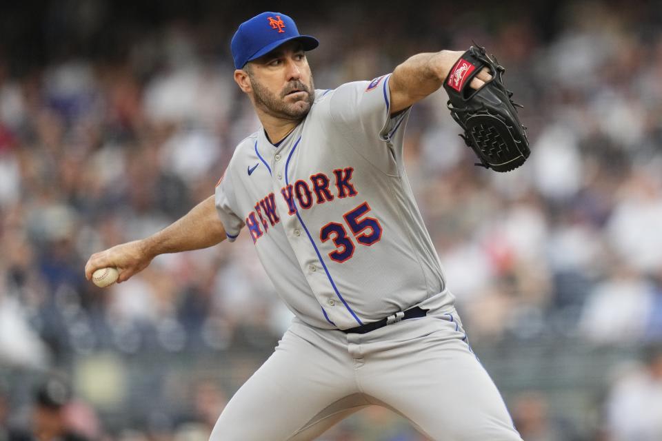 New York Mets' Justin Verlander pitches during the first inning of a baseball game against the New York Yankees, Tuesday, July 25, 2023, in New York. (AP Photo/Frank Franklin II)