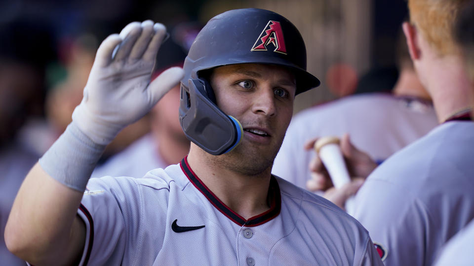 Daulton Varsho is the newest member of the Blue Jays' outfield. (AP Photo/John Minchillo)