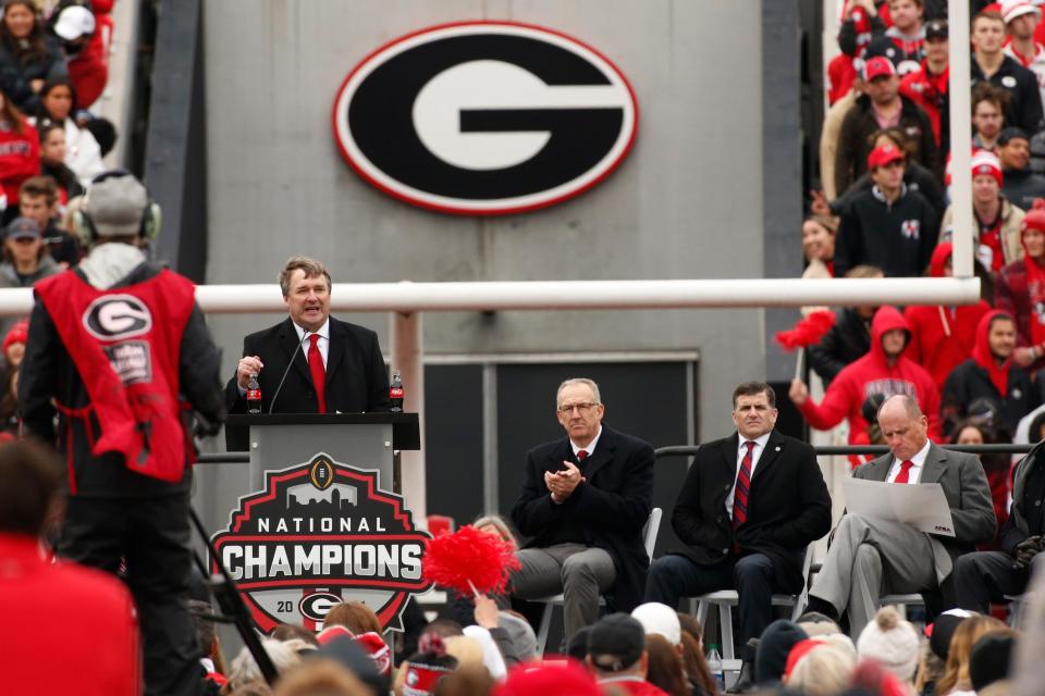 Georgia coach Kirby Smart speaks during the national championship celebration at Sanford Stadium in Athens, Ga., on Saturday.