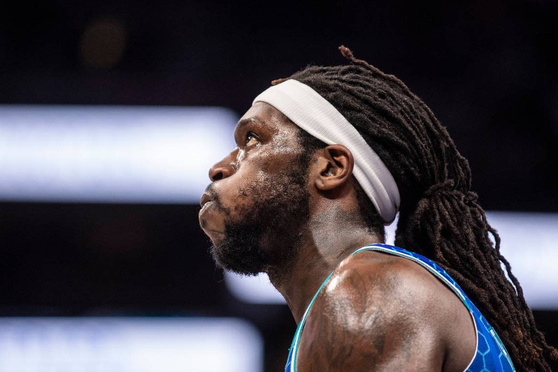 The Hornets center Montrezl Harrell gazes upward between plays during the game against the Grizzlies defense at Spectrum Center on Saturday, February 12, 2022 in Charlotte, NC. The Hornets lost to the Grizzlies, 125-118, making the sixth consecutive loss at home.