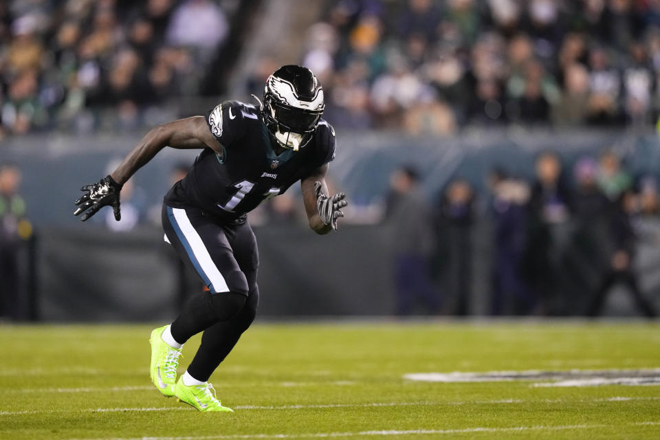 Philadelphia Eagles wide receiver A.J. Brown runs a route against the New York Giants during the second half of an NFL football game, Sunday, Jan. 8, 2023, in Philadelphia. (AP Photo/Matt Slocum)