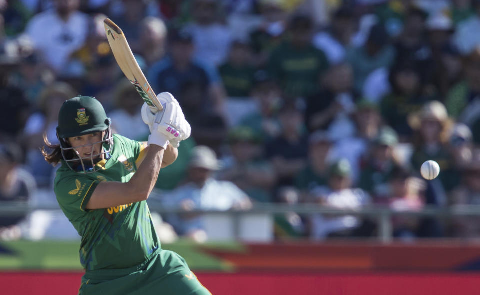 South Africa's Tazmin Brits in action against Australia during the Women's T20 World Cup semi final cricket match in Cape Town, South Africa, Sunday Feb. 26, 2023. (AP Photo/Halden Krog)