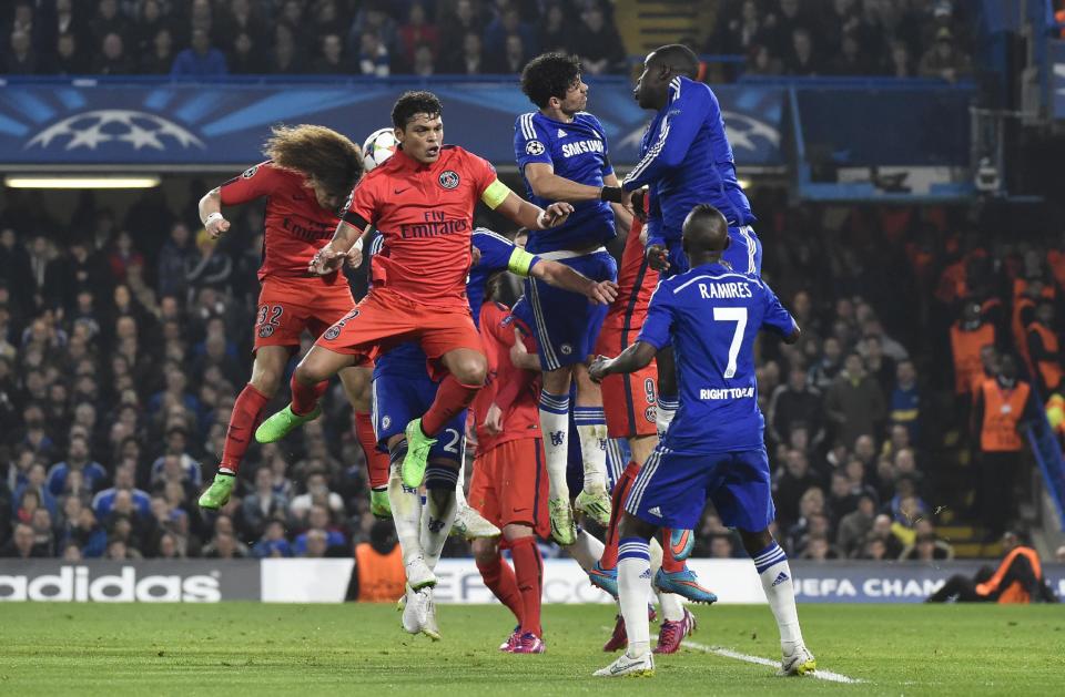 Football - Chelsea v Paris St Germain - UEFA Champions League Second Round Second Leg - Stamford Bridge, London, England - 11/3/15 David Luiz scores the first goal for PSG Reuters / Toby Melville Livepic EDITORIAL USE ONLY.