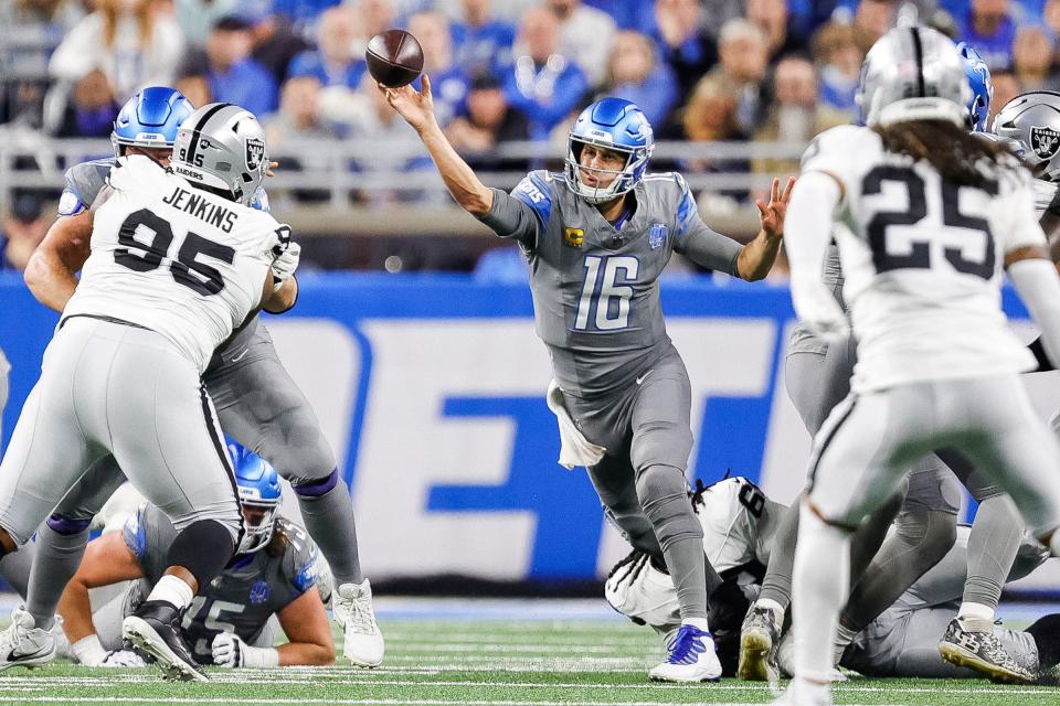 Detroit Lions quarterback Jared Goff passes against the Las Vegas Raiders during the second half at Ford Field in Detroit on Monday, Oct. 30, 2023.