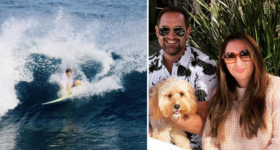 Matthew surfer (left) and with his wife and dog. 
