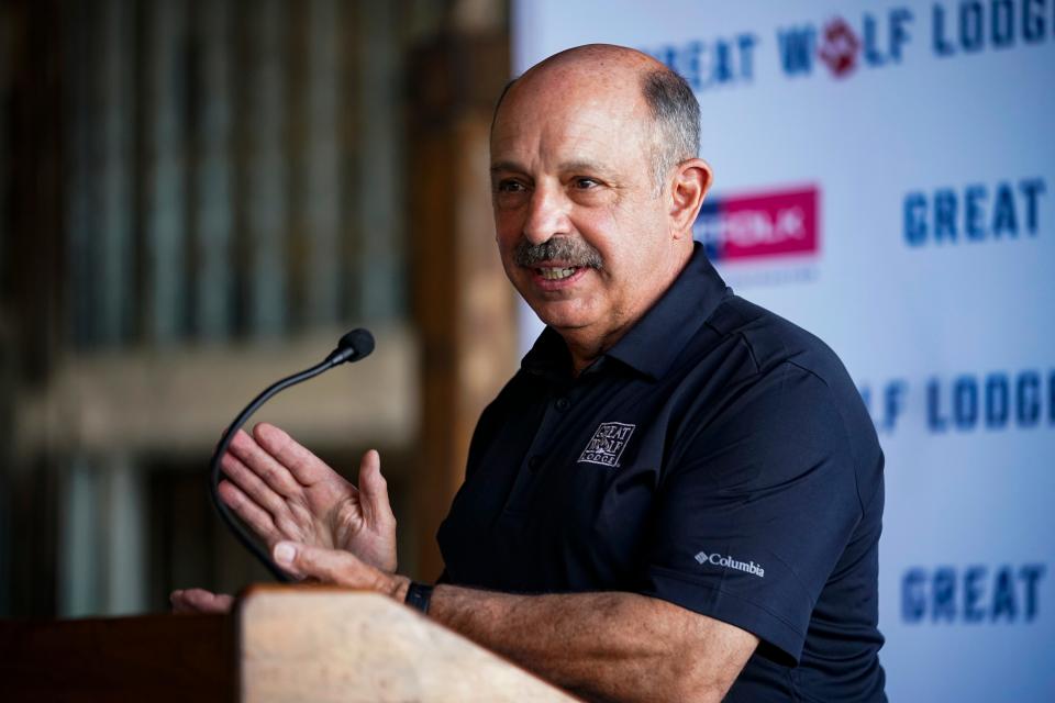 Steve Jacobsen, vice president of development, speaks during the “Topping Out” ceremony at the Great Wolf Lodge South Florida in Naples on Wednesday, Aug. 2, 2023.