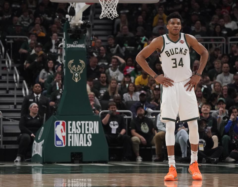 Milwaukee Bucks’ Giannis Antetokounmpo pauses during the first half of Game 2 of the NBA Eastern Conference basketball playoff finals against the Toronto Raptors Friday, May 17, 2019, in Milwaukee. (AP Photo/Morry Gash)