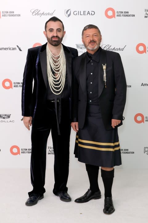 WEST HOLLYWOOD, CALIFORNIA – MARCH 10: (L-R) Svetoslav Kolchagov and Emilio Barba attend the Elton John AIDS Foundation’s 32nd Annual Academy Awards Viewing Party on March 10, 2024 in West Hollywood, California. (Photo by Frazer Harrison/Getty Images)