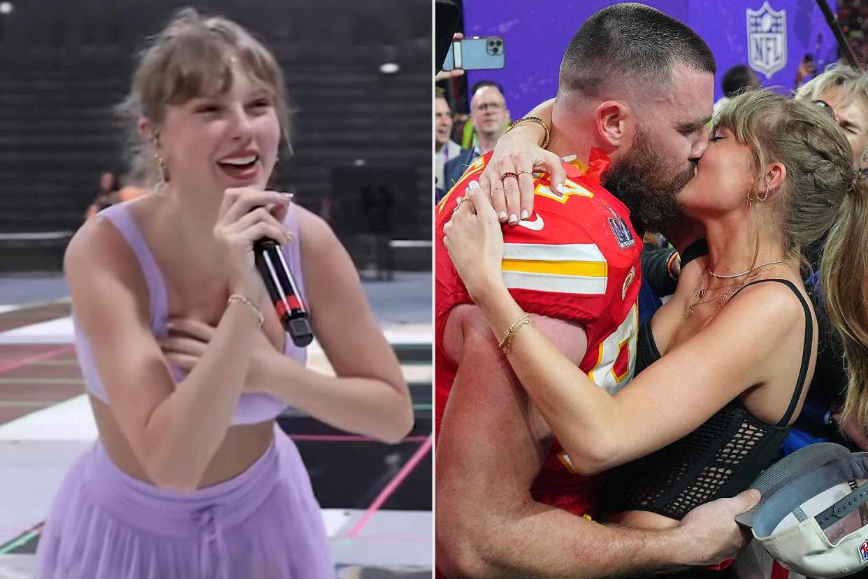 <p>Taylor Swift/YouTube; Erick W. Rasco/Sports Illustrated via Getty </p> Taylor Swift shows off custom bracelet from Travis Kelce in "I Can Do It With a Broken Heart" music video