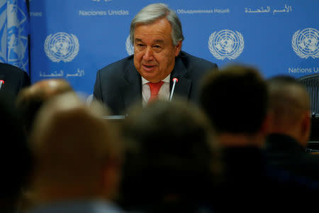 U.N. Secretary General Antonio Guterres speaks at a news conference ahead of the 72nd United Nations General Assembly at U.N. headquarters in New York, September 13, 2017. REUTERS/Mike Segar