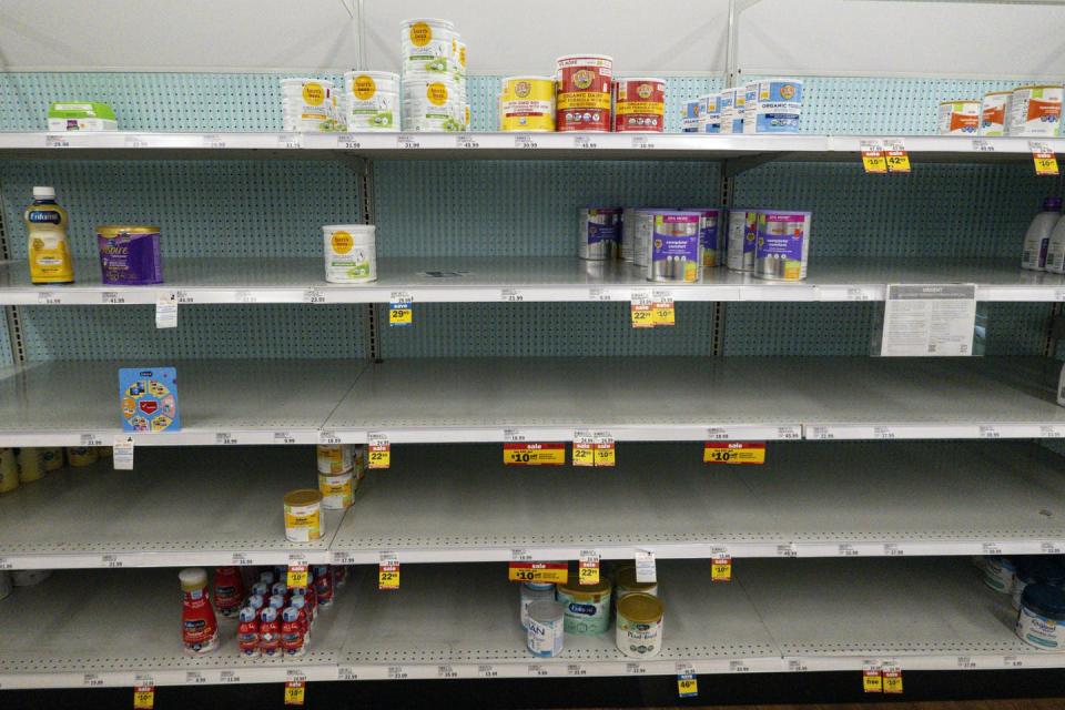 <span class="caption">Baby formula is in short supply across the U.S.</span> <span class="attribution"><a class="link " href="https://newsroom.ap.org/detail/BabyFormulaShortage/c7645da15acb467ba6b2bf3c6a588f82/photo?Query=baby%20formula&mediaType=photo&sortBy=arrivaldatetime:desc&dateRange=Anytime&totalCount=265&currentItemNo=105" rel="nofollow noopener" target="_blank" data-ylk="slk:AP Photo/Michael Conroy;elm:context_link;itc:0;sec:content-canvas">AP Photo/Michael Conroy</a></span>