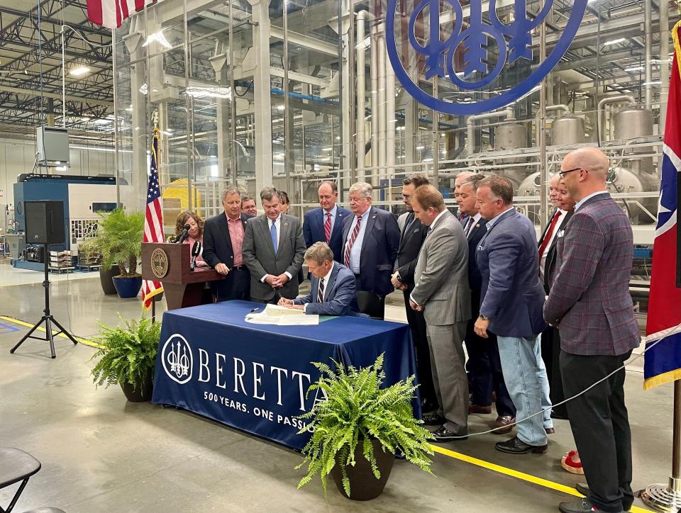 Gov. Bill Lee is flanked by Republican members of the state legislature Wed., June 2, 2021 during a ceremonial bill signing of his permitless carry legislation.