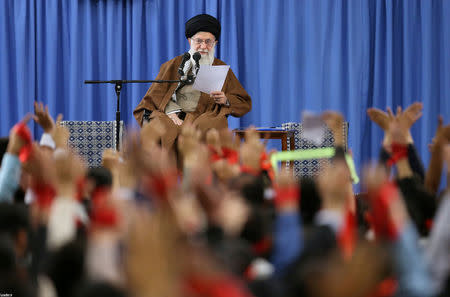 Iran's Supreme Leader Ayatollah Ali Khamenei, speaks during a meeting with students at the Hussayniyeh of Imam Khomeini in Tehran, Iran, November 3, 2018. Official Khamenei website/Handout via REUTERS