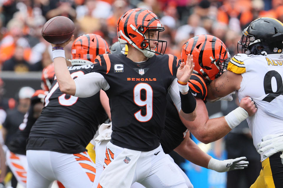 CINCINNATI, OHIO - SEPTEMBER 11: Quarterback Joe Burrow #9 of the Cincinnati Bengals attempts a pass against the Pittsburgh Steelers during the first half at Paul Brown stadium on September 11, 2022 in Cincinnati, Ohio. (Photo by Andy Lyons/Getty Images)