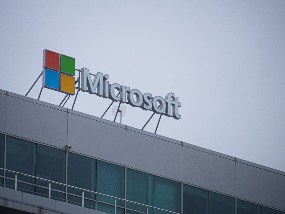 MOSCOW, RUSSIA - 2022/03/31: Microsoft logo is on the facade of one of the Krylatsky Hills Business Park buildings in the west of Moscow. (Photo by Alexander Sayganov/SOPA Images/LightRocket via Getty Images)