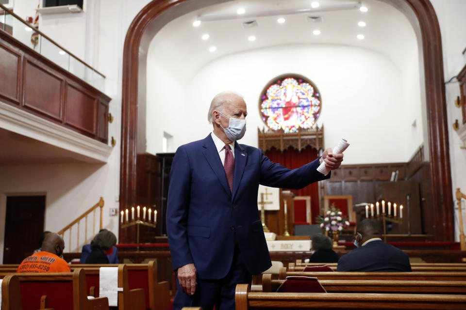 Democratic presidential candidate, former Vice President Joe Biden speaks to members of the clergy and community leaders at Bethel AME Church in Wilmington, Del., Monday, June 1, 2020. (AP Photo/Andrew Harnik)