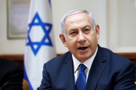 Israeli Prime Minister Benjamin Netanyahu attends the weekly cabinet meeting at his office in Jerusalem, July 15, 2018. REUTERS/Ronen Zvulun