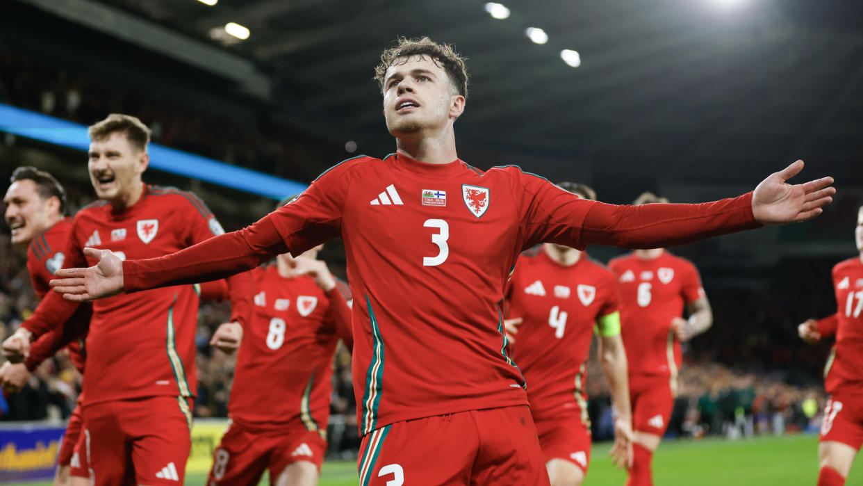  Neco Williams celebrates after scoring a goal for Wales at the Euro 2024 playoffs. 