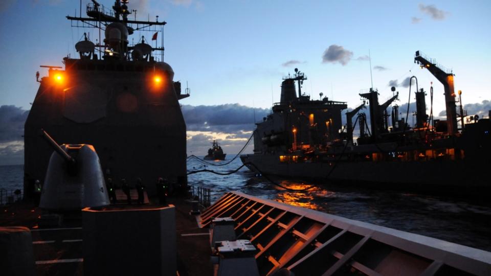 The guided-missile cruiser Vicksburg gets an underway replenishment in 2009, before it began a yearslong and ultimately doomed modernization effort. Service leaders now admit the ship will never return to operations. (Navy)