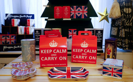 Souvenirs at the "Broken English" store, which sells British chocolates, snacks and souvenir items featuring the Union Jack, are pictured in Berlin, Germany, March 28, 2017. REUTERS/Fabrizio Bensch