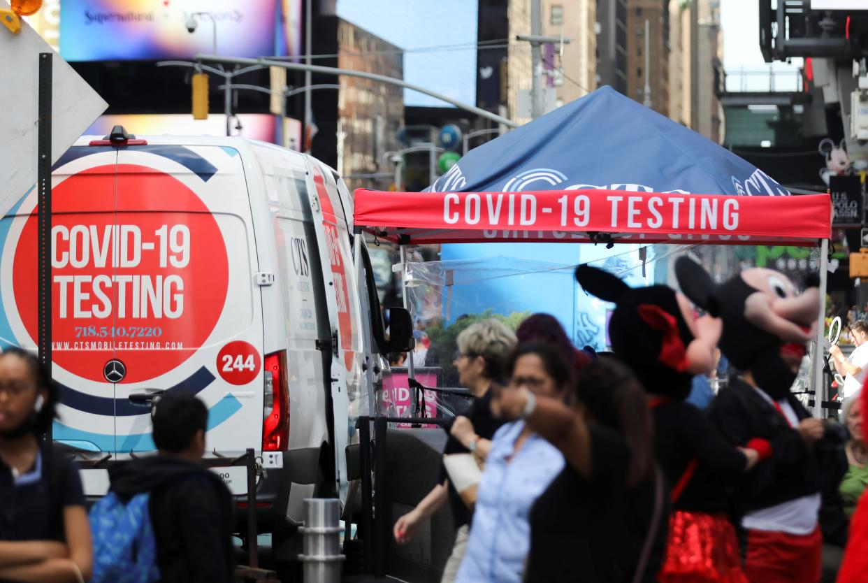A COVID-19 testing site is seen on Times Square in New York, the United States, May 17, 2022. (Wang Ying/Xinhua via Getty Images)