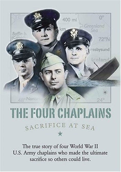 This photo is associated with the 60-minute documentary about the Four Chaplains: “Sacrifice at Sea.” One review on IMBD.com says about the documentary: “The survivors told the story of how these four brave men joined hands, sang hymns, and gave prayers as the ship went down.”