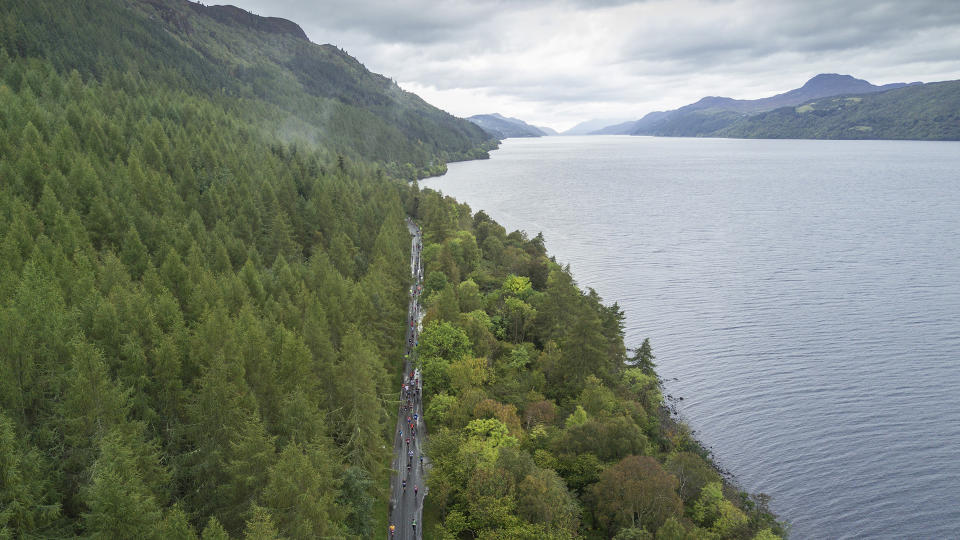  Aerial view of runners competing in the Loch Ness Marathon. 