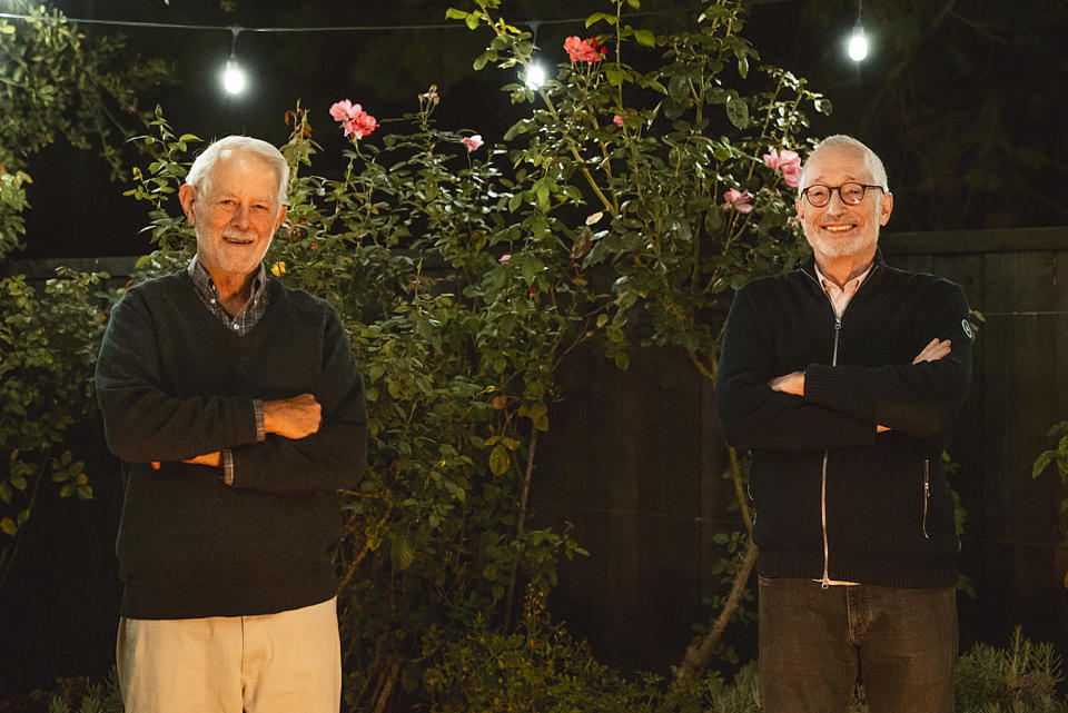 In this Monday, Oct. 12, 2020 photo provided by Stanford University, Robert Wilson, left, and Paul Milgrom stand for a photo in Stanford, Calif. The two American economists, both professors at Stanford, won the Nobel Prize in Economics for improving how auctions work. That research that underlies much of today's economy — from the way Google sells advertising to the way telecoms companies acquire airwaves from the government. (Andrew Brodhead/Stanford News Service via AP)