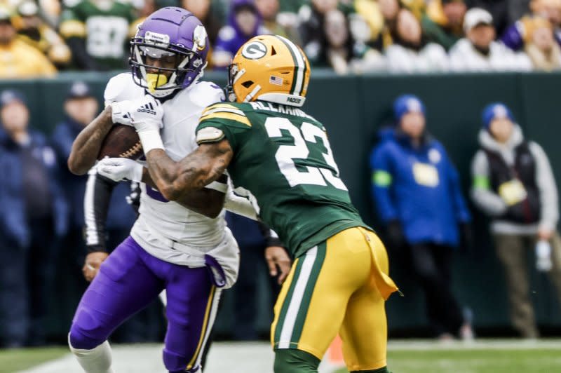 Minnesota Vikings wide receiver Jordan Addison (L) is among my top fantasy football plays for Week 16. File Photo by Tannen Maury/UPI