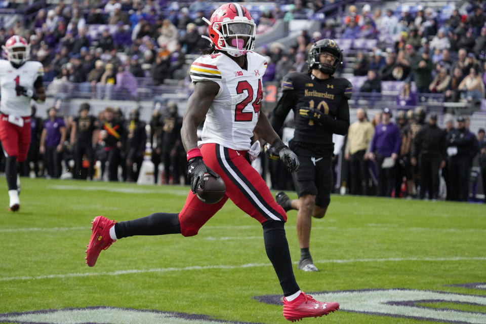 Maryland running back Roman Hemby scores a touchdown during the first half of an NCAA college football game against Northwestern, Saturday, Oct. 28, 2023, in Evanston, Ill. (AP Photo/Nam Y. Huh)