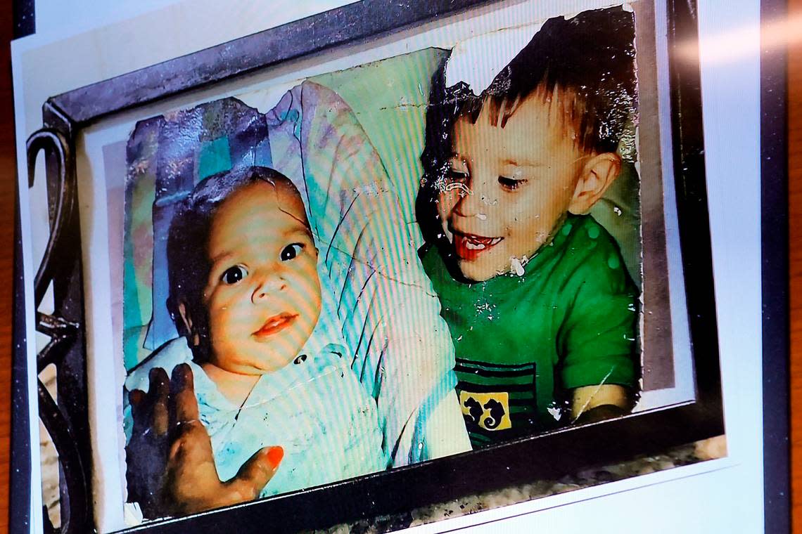 A photograph of Zachary Cruz, left, and Marjory Stoneman Douglas High School shooter Nikolas Cruz as babies is shown on a screen in the courtroom during the penalty phase of Cruz’s trial at the Broward County Courthouse in Fort Lauderdale on Monday, Aug. 22, 2022. Cruz previously pleaded guilty to all 17 counts of premeditated murder and 17 counts of attempted murder in the 2018 shootings.