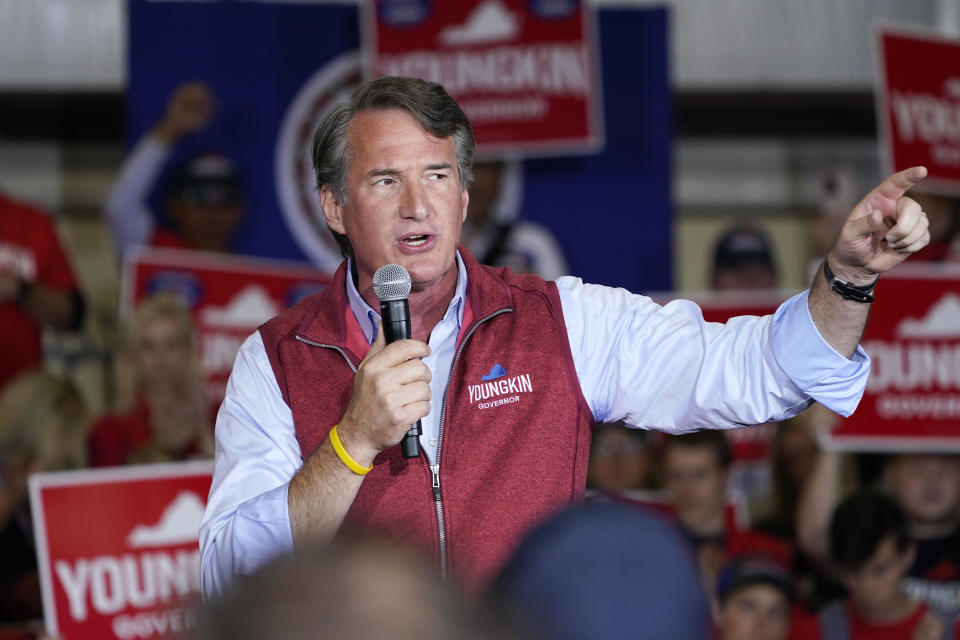 FILE: Republican gubernatorial candidate Glenn Youngkin gestures as he speaks to supporters during a rally in Chesterfield, Va., Monday, Nov. 1, 2021.  / Credit: Steve Helber / AP