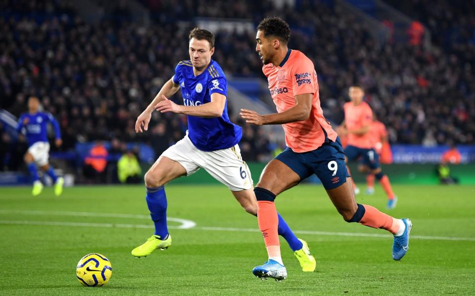 Jonny Evans of Leicester City battles for possession with Dominic Calvert-Lewin of Everton - Getty Images Europe