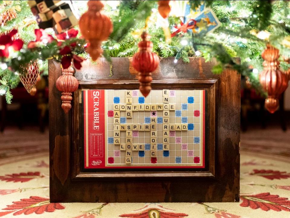 A Scrabble board Christmas tree base in the Red Room.