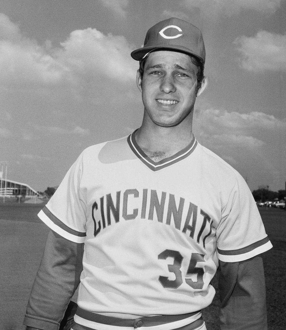 FILE - Cincinnati Reds pitcher Don Gullett poses for a photo in March 1974 in Tampa, Fla. Gullett, a former major league pitcher and coach who played for four consecutive World Series champions in the 1970s, died Wednesday, Feb. 14, 2024. He was 73. The Reds, New York Yankees and Baseball Hall of Fame all paid tribute to Gullett in social media posts. There was no information provided on his death, but the Cincinnati Enquirer reported he had recent health issues. (AP Photo/Phil Sandlin, File)