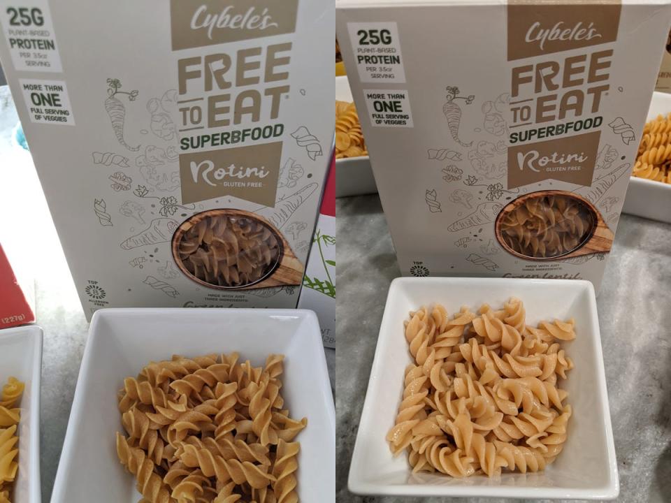 (left) uncooked cybele's green lentil pasta (right) cooked cybele's green lentil pasta