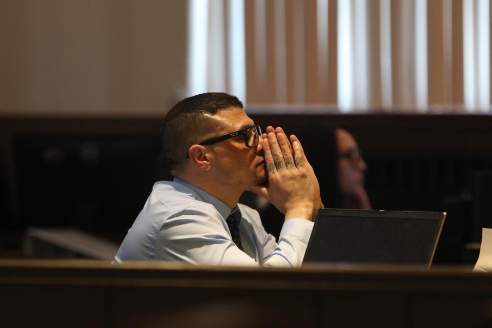 Manuel Sanchez listens to testimony during his murder trial, Oct. 19, 2023 in Eddy County District Court. Sanchez is accused of shooting killing Brian Runnels, and burying the body in 2014.