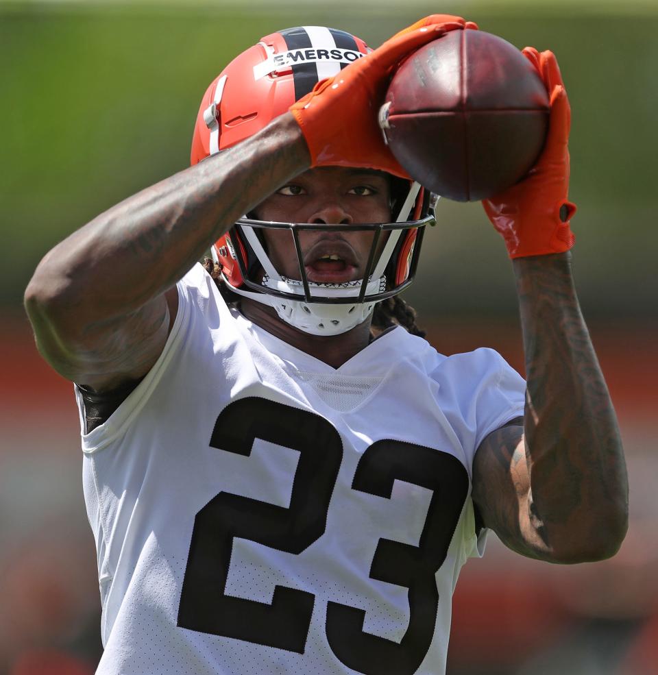 Cleveland Browns rookie cornerback Martin Emerson Jr. makes a catch during the NFL football team's rookie minicamp in Berea on Friday.