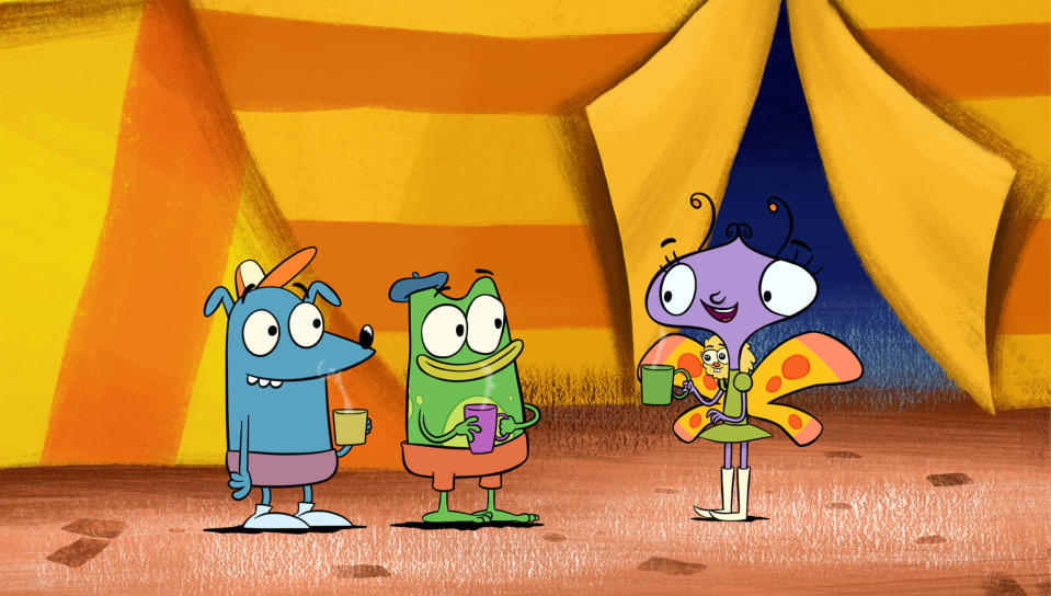 This image released by PBS shows characters, Leo the wombat, from left, Andy the frog and Carmen the butterfly in a scene from the animated series "Let's Go Luna," aimed at children age 4 to 7. It debuts Wednesday on PBS and on PBS Kids video streaming platforms. (LATW Productions Inc./PBs via AP)