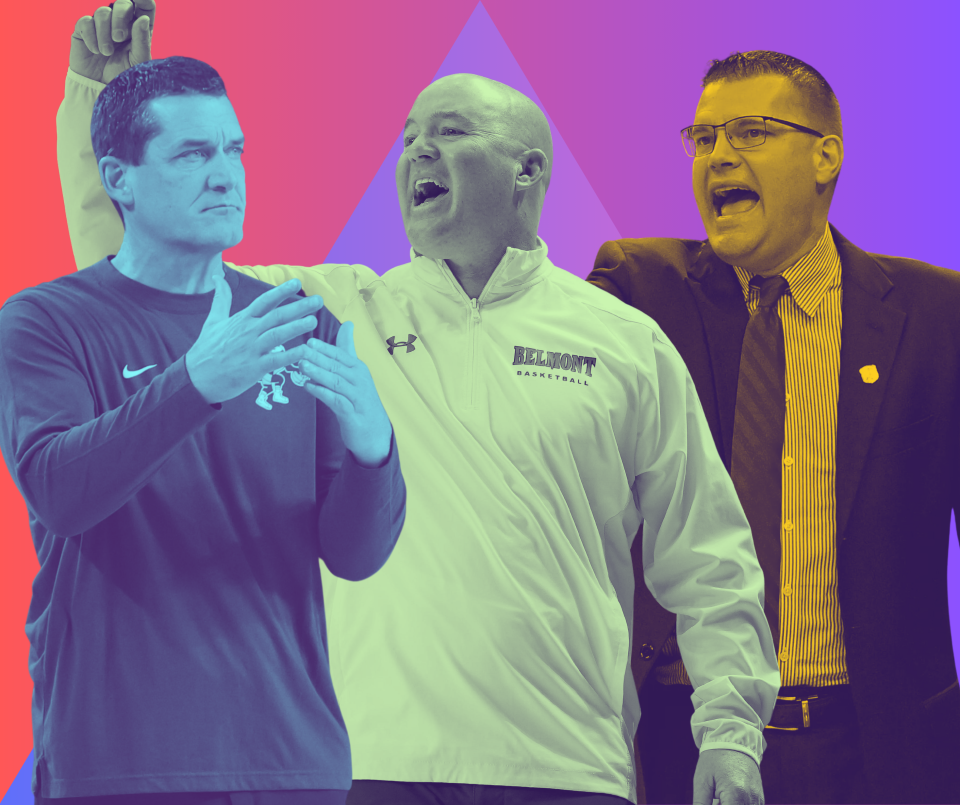 Missouri Valley Conference men's basketball coaches, from left, Ben Jacobson of Northern Iowa, Casey Alexander of Belmont and Brian Wardle of Bradley.