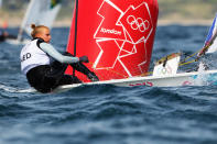 WEYMOUTH, ENGLAND - JULY 30: Marit Bouwmeester of Netherlands competes in the Laser Radial Women's Sailing on Day 3 of the London 2012 Olympic Games at Weymouth Harbour on July 30, 2012 in Weymouth, England. (Photo by Richard Langdon/Getty Images)