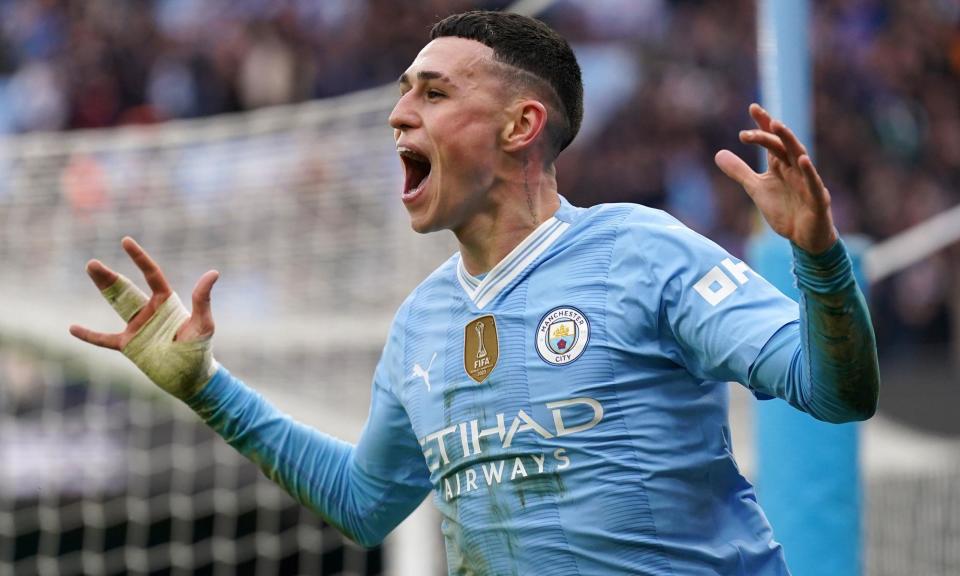 <span><a class="link " href="https://sports.yahoo.com/soccer/players/937742/" data-i13n="sec:content-canvas;subsec:anchor_text;elm:context_link" data-ylk="slk:Phil Foden;sec:content-canvas;subsec:anchor_text;elm:context_link;itc:0">Phil Foden</a> celebrates putting <a class="link " href="https://sports.yahoo.com/soccer/teams/manchester-city/" data-i13n="sec:content-canvas;subsec:anchor_text;elm:context_link" data-ylk="slk:Manchester City;sec:content-canvas;subsec:anchor_text;elm:context_link;itc:0">Manchester City</a> ahead in a game he dictated.</span><span>Photograph: Mike Egerton/PA</span>