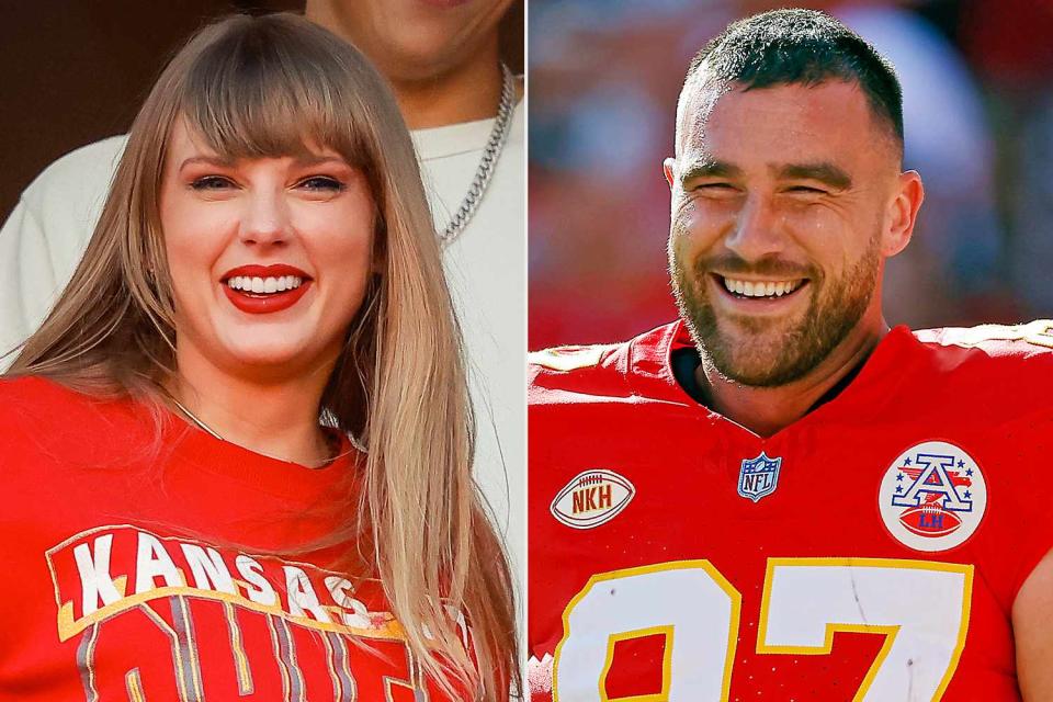 <p>David Eulitt/Getty (2)</p> Taylor Swift and Travis Kelce