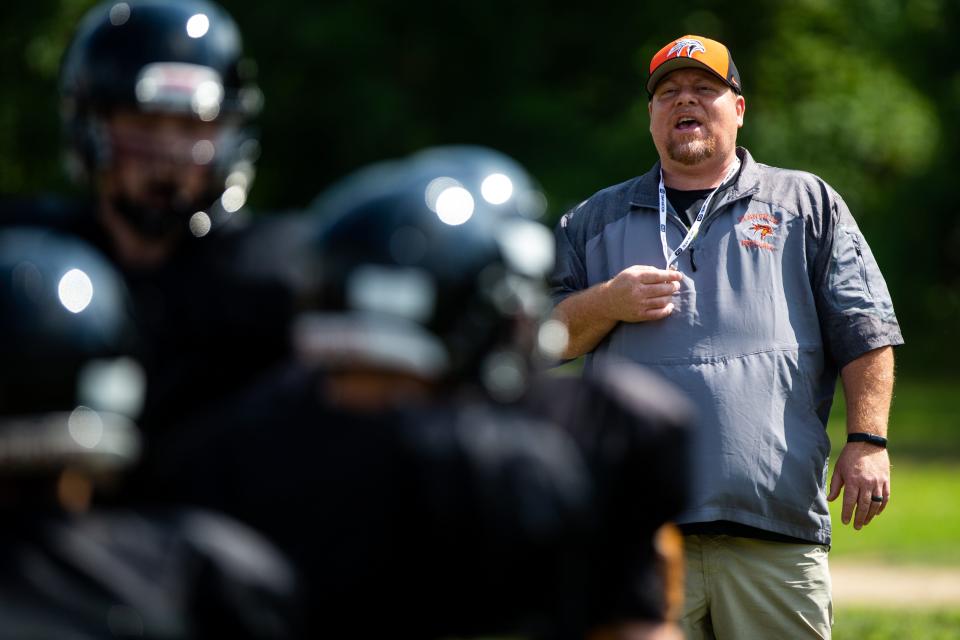 Fennville football, led by coach Wendell Hughes Sr., takes to the field during practice for the upcoming 2023 season Thursday, Aug. 10, 2023, at Fennville High School.