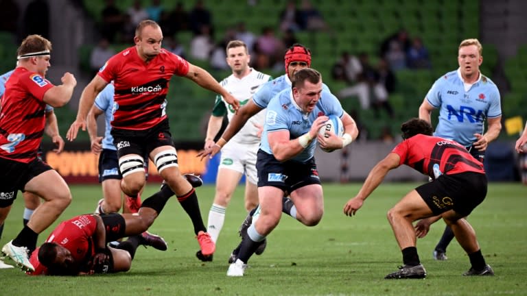 Waratahs prop Angus Bell (3rd R) suffered a foot injury in Saturday's Super Rugby defeat to the Brumbies (William WEST)