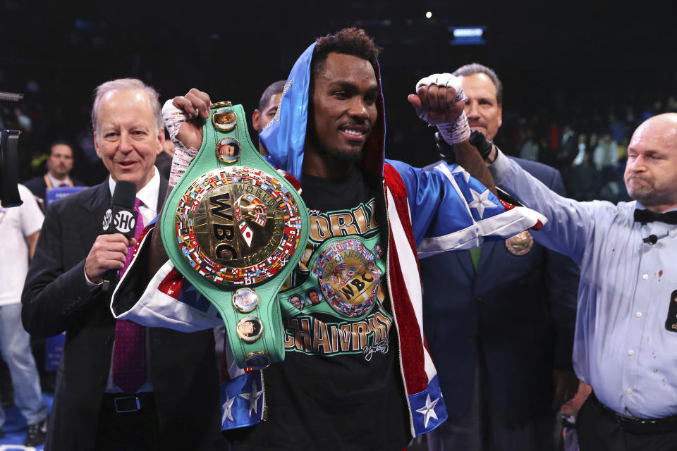 Jermall Charlo celebrates after defeating Ireland's Dennis Hogan during the seventh round of the WBC middleweight title boxing match Saturday, Dec. 7, 2019, in New York. (AP Photo/Michael Owens)